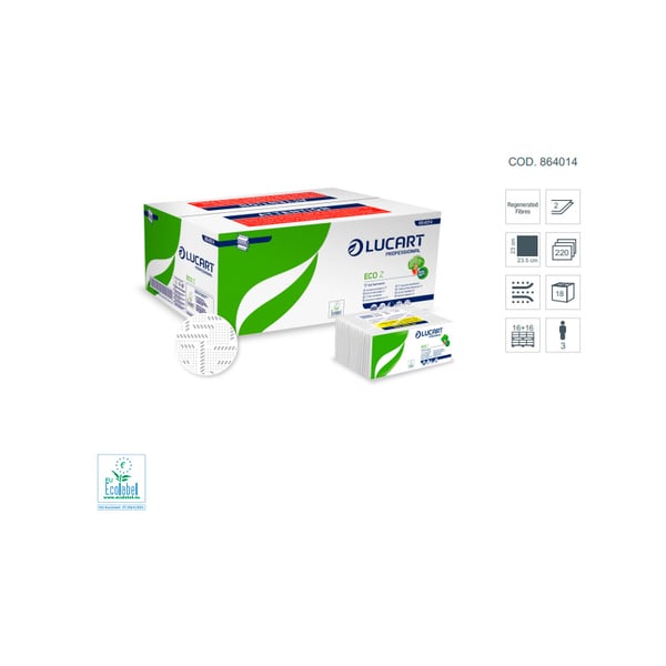 Toallitas secamanos Lucart Eco Z de celulosa de dos capas (paquete de 220 unidades - 23,5 x 23 cm)